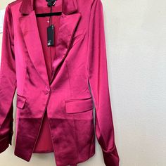 Brand New With Tag Never Worn Size S Retail Price 379$ Pet And Smoke Free Home Color: Mulberry - This Standout Blazer Is Fashioned In Lustrous, Heavyweight Satin With Piped Edges, Flap Pockets And A Tie To Define The Waist - Notched Collar - Removable Tie Belt - Lined - Material: 100% Polyester Single Breasted Fitted Satin Blazer, Fitted Single Breasted Satin Blazer, Fitted Satin Blazer With Lapel Collar, Long Sleeve Satin Blazer For Party, Fitted Satin Blazer For Fall, Notch Lapel Satin Outerwear For Fall, Fall Satin Outerwear With Notch Lapel, Fall Satin Notch Lapel Outerwear, Fall Satin Single Breasted Outerwear