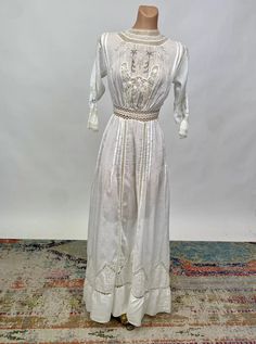 Antique Edwardian White Cotton Summer Dress w/ Floral Embroidery & Crochet Lace | eBay 1910 Summer Dress, Traditional Fitted Dress For Daywear, Elegant Wedding Dress With Yoke Detail, Elegant Wedding Dress With Yoke, Bohemian Fitted Dresses With Yoke Detail, Traditional Embroidered Daywear Dresses, Fitted Regency Style Embroidered Dress, Bohemian Embroidered Fitted Dress For Daywear, Bohemian Fitted Embroidered Dress For Daywear