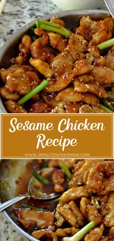 sesame chicken recipe in a pan with chopsticks