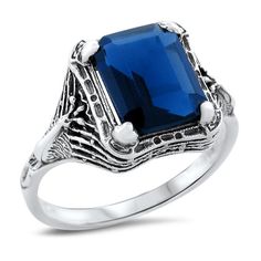 Vintage Royal Blue Emerald Cut Simulated Sapphire In 925 Solid Sterling Silver Peacock Ring. Excellent Condition, Satisfaction Guaranteed! September Birthstone Peacock Ring, Blue Emerald, September Birthstone, Antique Finish, Solitaire Ring, Emerald Cut, Birthstone, Royal Blue, Gift For Her