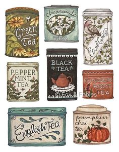 six tea tins with different designs on them