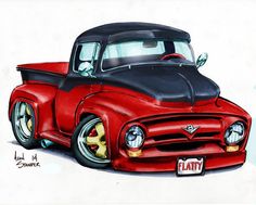 a drawing of a red and black truck