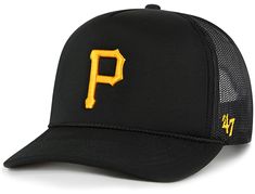 the pittsburgh pirates'black trucker hat has yellow stitching on it and is shown