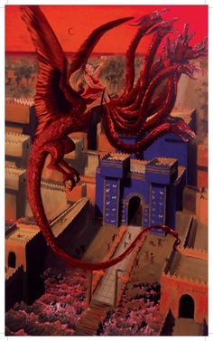 a painting of a red dragon flying over a castle with a woman on it's back