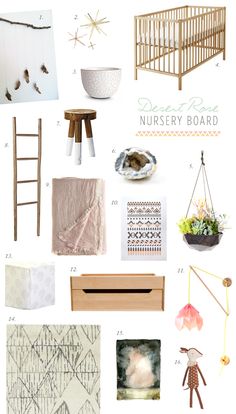 a collage of nursery items including a baby crib