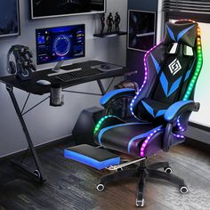 a gaming chair sitting in front of a computer desk