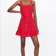 New With Tags Authentic Zara New Woman Mini Dress With Frills Buttoned Red Xs-L Ref. 2622/477 100% Genuine & Authentic Zara Item New Collection 2019 Brand New With Tags Attached Dress With A Straight-Cut Neckline And Wide Straps. Featuring An Elastic Detail On The Back, Ruffle Trims On The Skirt And Front Button Fastening. Composition Outer Shell 50% Cotton, 50% Linen Red A-line Mini Dress For Summer, Red Fitted Sundress With Ruffles, Red Summer Midi Dress For Casual Occasions, Chic Red Sundress For Spring, Chic Red A-line Sundress, Casual Red Midi Dress For Dress Down Days, Casual Red A-line Mini Dress, Casual Red Midi Dress For Dress Down Occasion, Red Mini Dress For Day Out