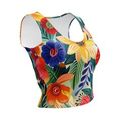 Look fabulous in an all-over printed, body-hugging crop top, now offering FREE SHIPPING to the US, Canada, EU, and UK! The artwork This artwork is a vibrant celebration of Spanish flowers, featuring an array of blooming flora native to the Iberian Peninsula. The painting is bursting with colors—rich oranges, deep reds, sunny yellows, and striking blues, all harmoniously blended amidst lush green foliage. Each flower is stylized with playful brush strokes and dynamic contrasts, evoking the lively Printed Multicolor Cropped Top, Multicolor Printed Cropped Top, Multicolor Printed Cropped Crop Top, Green Digital Print Top For Summer, Fitted Multicolor Floral Print Crop Top, Fitted Green Crop Top With Graphic Print, Fitted Multicolor Crop Top Tank, Multicolor Floral Print Crop Top, Artistic Multicolor Floral Print Tops