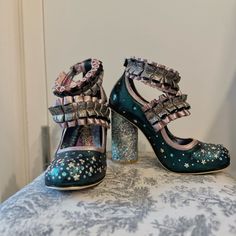 Irregular Choice Mermaid Unicorn Glam Dream Shoes! Metallic Iridescent Green With Gold And Pink Plus A Patterned Round Block Heel. Double Adjustable Ankle Straps. Never Worn Outside! Fun Printed Soles Perfectly Intact. Heel Height Is 4.” Outside Fun, Mermaid Shoes, Mermaid Unicorn, Irregular Choice Shoes, Shoes Hack, Green Mermaid, Iridescent Green, Irregular Choice, Gold And Pink