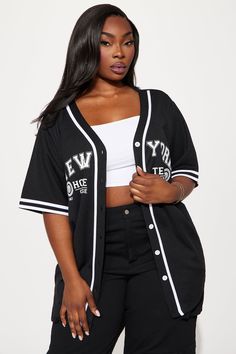 Available In Black And White. Jersey Tee Short Sleeve Front Screen Button Up Detail Stretch 100% Polyester Imported | NY Home Team Jersey Tee Shirt in Black size Medium by Fashion Nova Black T-shirt For Day Out In Fall, Black V-neck Top For College, Collared Tops For College In Summer, Collared Tops For Summer College Season, Black Crew Neck T-shirt With Buttons, Graphic Print Collared Top For College, Casual Black T-shirt With Buttons, Casual Collared Tops For College, Streetwear Short Sleeve Tops With Buttons