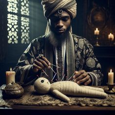 a man sitting at a table with an animal and some candles in front of him