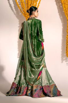 Green Mehndi Dress Ensemble with Kameez, Gharara, and Dupatta