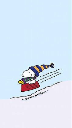 a cartoon character is skiing down a hill in the snow with his hat and scarf on