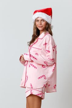 SOLD AS A SET Candy Cane Pattern Satin Pj Top-Collared-Long sleeves-Pocket on the chest-Button-down closure-Contrast seam Candy Cane Pattern Satin Pj Shorts- Elastic waist- Contrast folded hem- Comfy fit- Woven 100% Polyester