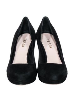 Step into the boardroom with confidence and class in these Prada-approved, sleek black suede pumps! Perfectly crafted with the "at the office" look in mind, these pumps now have you ready to take on the power of the dress code. Size 9.5 (IT 39.5) Made in Italy Suede upper Leather lining and sole Minor blemishes on suede and heel Heel height 3.5" Formal Suede Court Shoes With 4-inch Heel, High Heel Office Heels With Suede Lining, Suede Court Shoes With Reinforced Heel For Office, Office High Heel With Suede Lining, Suede Court Shoes With 4-inch Heel For Office, Suede Court Shoes With Padded Heel For Office, Suede Lined High Heel Court Shoes For Work, Closed Toe Office Heels With Suede Lining, Workwear Heels With Suede Lining And Almond Toe