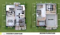 two floor plans showing the ground plan and second floor plan for a small house or apartment