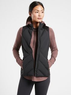 Inlet Vest | Athleta Weather And Climate, Black Down, Hiking Outfit, Performance Fabric, Petite Size, Online Purchase, Cold Weather, Athleisure, Winter Outfits