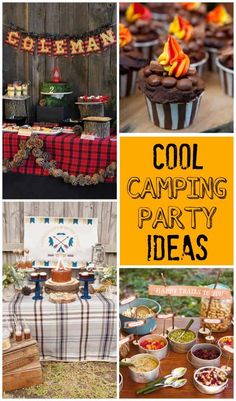 collage of camping party ideas including cupcakes and desserts