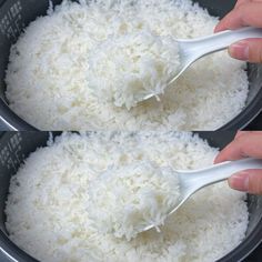 two bowls filled with white rice being spooned