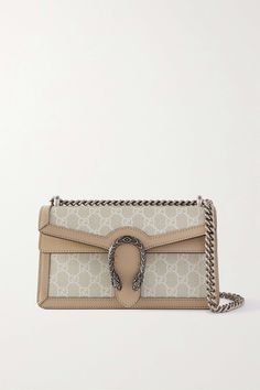 GUCCI Dionysus small leather-trimmed coated-canvas shoulder bag Formal Silver Gucci Shoulder Bag, Gucci Silver Shoulder Bag With Silver-tone Hardware, Gucci Timeless Bags With Metal Hardware, Timeless Gucci Bag With Metal Hardware, Luxury Beige Shoulder Bag With Silver-tone Hardware, Gucci Beige Bags With Silver-tone Hardware, Designer Beige Shoulder Bag With Silver-tone Hardware, Luxury Gucci Bags With Metal Hardware, Timeless Gucci Shoulder Bag With Palladium Hardware