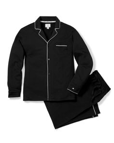 Men's Pima Pajama Set in Black Cotton Long Sleeve Loungewear Sets, Organic Cotton Long Sleeve Tops For Loungewear, Cotton Long Sleeve Tops For Loungewear, Fitted Cotton Tops For Lounging, Black Cotton Long Sleeve Sleepwear, Black Long Sleeve Cotton Sleepwear, Cotton Tops For Sleep With Relaxed Fit, Cotton Relaxed Fit Sleep Tops, Black Long Sleeve Sleep Top