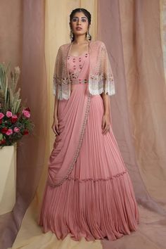 Buy Peach Georgette Embroidered Zardozi V Draped Lehenga Set With Cape For Women by Miku Kumar Online at Aza Fashions. Draped Lehenga, Drape Lehenga, Tiered Lehenga, Pleated Lehenga, Cutdana Embroidery, Cape For Women, Wedding Lehenga Designs, Wedding Lehenga, Lehenga Designs