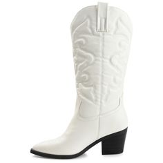 A classic cowgirl bootie reimagined for the modern fashionista the Chantry by Journee Collection. This pointed-toe boot with western stitch details and soft vegan leather is the most stylish way to embrace your country roots. A block heel and a 4 mm Tru Comfort Foam� footbed add comfortable height to this mid-calf design. At Journee Collection our boot styles will have your outfit looking even better than before. They will give you that finishing touch that will have your outfit looking straight White Heeled Boots For Rodeo In Fall, White Heeled Boots For Fall Rodeo, Chic Ranch Boots For Spring, Chic Spring Boots For Ranch, Chic Spring Ranch Boots, White Mid-calf Boots For Ranch In Fall, Chic Heeled Boots For Rodeo In Spring, White Mid-calf Boots For Spring Outdoor Activities, White Mid-calf Boots For Spring Ranch Wear