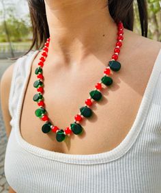 Stunning Vintage West Germany Red & Green Rhinestone Necklace Gift for girlfriend gift for mother Elevate your style with our exquisite handmade necklace, meticulously crafted to add a touch of elegance to any outfit. This stunning piece is made with love and precision, featuring high-quality materials that ensure both durability and shine. Every necklace is uniquely fashioned from premium gemstones and expertly woven with an array of delicate beads, ensuring that no two pieces are alike - just Elegant Crystal Necklaces For Valentine's Day Jewelry Making, Elegant Multicolor Crystal Necklaces For Gifts, Handmade Green Jewelry For Valentine's Day, Elegant Multicolor Valentine's Day Jewelry, Elegant Red Crystal Necklaces With Natural Stones, Festive Gemstone Beads Jewelry, Green Necklaces For Valentine's Day Party, Red Crystal Necklace For Gift, Red Gemstone Beads Necklace For Party