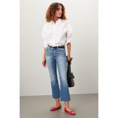 Blue denim (93% Cotton, 6% Elastrell-P, 1% Elastane). Jeans. Front button fly closure. 27" inseam. 10% rise. Imported. Light Wash Button-up Bottoms For Work, Everyday Cropped Jeans With Button Closure For Fall, Everyday Fall Cropped Jeans With Button Closure, Light Wash Button-up Denim Jeans, Light Wash Flare Jeans For Work, Business Casual Spring Jeans With Button Closure, Mid-rise Casual Flare Jeans For Work, High Rise Cropped Jeans For Spring Workwear, High Rise Jeans For Spring Workwear