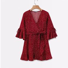 FREE SHIPPING Red Polka Dot Wrap Dress Ruffles JKP1427 V-neck Polka Dot Mini Dress For Summer, Polka Dot V-neck Mini Dress For Summer, V-neck Mini Dress In Polka Dot For Summer, Summer V-neck Ruffle Dress, Summer V-neck Polka Dot Dresses, V-neck Polka Dot Dress For Brunch, Polka Dot V-neck Dress For Brunch, Polka Dot Summer Dress With Ruffle Hem, Casual Polka Dot V-neck Dress