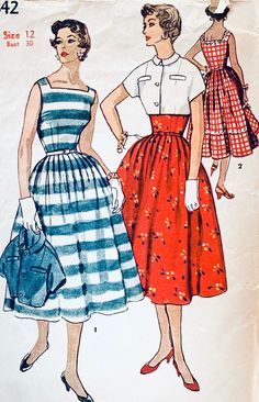 "This is an original printed pattern. It has been previously used, and is missing the bodice from facing piece. \"Simple To Make\" dress has a fitted bodice with a square neckline and softly pleated skirt. Self or purchased belt is used. Jacket, with kimono sleeves has a small collar and a three button front closing. View 1 has contrasting jacket. View 2, dress has a rick-rack trim on neck edge and skirt. Dress and jacket are of same fabric. This is a Mother and Daughter fashion . The daughter d Fitted Full-skirt Dress With Pockets, Fitted Full Skirt Dress With Pockets, Fitted Dress With Pockets And Full Skirt, Retro Fitted Sewing Pattern For Dressmaking, Vintage Skirted Dresses For Spring, Fitted Vintage Pattern Dress For Daywear, Vintage Pattern Fitted Dress For Daywear, Fitted Dress With Vintage Pattern For Daywear, Retro Fitted Dress With Pockets