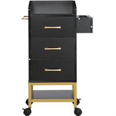 a black and gold cart with drawers on it's wheels is shown against a white background