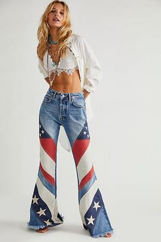 "* Rare And Hard To Find Discontinued Style No. 57657728 * Authentic Free People Flare Jeans In \"Americana Betsy\" Color * 5 Pocket Design, Zip Fly & 4 Button Closure, Back Yoking  * Jeans Come With Free People Inner Size Tag * Jeans Do Not Come With Outer Tags * The Fit: High-Rise Waist, Wide Flare Leg Silhouette  * The Fabric: Distressed Raw Hem Denim  * Care - Machine Wash Cold With Like Colors  *Use Only Non Chlorine Bleach* Tumble Dry Low, Low Iron As Needed, May Be Dry Cleaned * Materials Free People Flare Jeans, Free People Flares, Western Wear Outfits, Cute Country Outfits, Western Style Outfits, All Jeans, 4th Of July Outfits, Denim Flares, Country Outfits