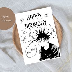 a birthday card with an image of a boy blowing out his hair on top of a plate