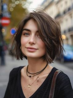 Shaggy Bob Unstyled, Short Haircuts With Side Part, Long Layer Short Bob, Short Layered Bob For Thick Hair, Short Textured Bob Choppy Layers Round Faces, Textured Chin Bob, Short Layered Haircuts For Round Faces, Dark Hair Bob Haircut, Layered Bob Straight Hair