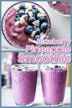 blueberry pineapple smoothie in two glasses with text overlay that reads, blueberry pineapple smoothie