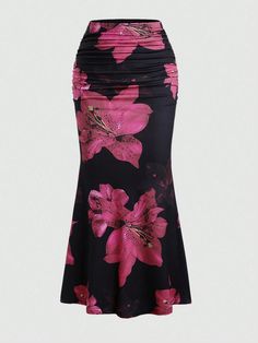 Women's Elegant Floral Print Minimalist A-Line Skirt, Casual Daily Wear Maxi Women Outfit Hot Pink Boho   Fabric Floral,Plants,All Over Print Mermaid Slight Stretch  Women Clothing, size features are:Bust: ,Length: ,Sleeve Length: Body Armour, Skirt Casual, Boho Fabric, Black Boho, Traje Casual, Red Boho, Party Skirt, Women Skirts, Hijabi Outfits