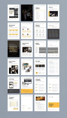 a bunch of different types of papers on a gray surface with yellow and black accents