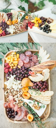 an assortment of cheeses, meats and fruit on a platter with leaves