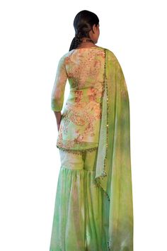 Green kurta featuring floral mix printed motifs and sequin embellishments. Comes with matching gharara and sequin embellished dupatta. - Aza Fashions Kurta Patterns, Green Sequins, Mixing Prints, Set For Women, Aza Fashion, Silk Printing, Embellishments, Types Of Sleeves, Custom Made