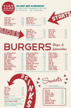 the menu for burgers and drinks is shown in red, white, and blue