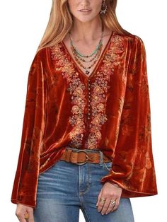 Printed Casual Relaxed Long Sleeve V-Neck T-Shirt TSH2301060005REDS Red / 2 (S) Mundo Hippie, Look Boho Chic, Velvet Sleeve, Estilo Hippie, Dance Tops, Velvet Flowers, Mode Boho, Velvet Shirt, Floral Print Shirt