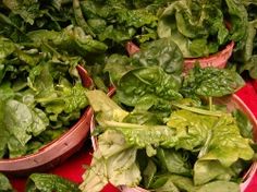 several bowls filled with green leafy vegetables on top of a red cloth covered table