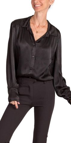 Stylish Collared Button Down Shirt with a Soft, Satin Feel. 100% Viscose One Size Fits All Made in Italy Model is 5'8 Satin Top, New Bag, Handbags On Sale, Sales Gifts, One Size Fits All, Button Downs, Down Shirt, Bag Accessories, Button Down Shirt