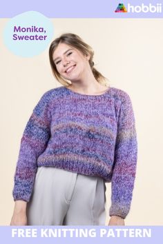 a woman wearing a knitted sweater with the text free knitting pattern