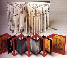 an open book with several different pictures on the cover and inside pages, all in red