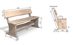 a wooden bench sitting next to a chair with measurements on the back and front sides