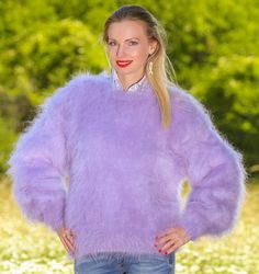 Ready to ship mohair sweater by SuperTanya Brand:  SuperTanya; Style: hand knitted mohair sweater; Material: premium class mohair; Color: Purple lavender; Design: Plain design mohair sweater; Body length: 24.4'' / 62 cm Chest width: 21.3'' / 54  cm Sleeve length: 28.4'' / 72 cm Net weight: 0.700 g The lady modeling is 5'8'' (174 cm) tall, bust 34.6 inches (88 cm), hips: 35.4 inches (90 cm). Cozy Lavender Sweater For Winter, Cozy Lavender Winter Sweater, Purple Mohair Sweater For Fall, Fitted Lavender Winter Sweater, Fitted Lavender Sweater For Winter, Fuzzy Sweater Outfit, Mohair Sweaters, Fluffy Jumper, Fuzzy Mohair Sweater