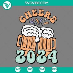 two mugs of beer with the words cheers 2054 on it and some bubbles coming out