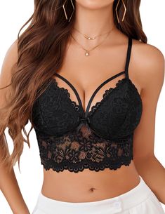 PRICES MAY VARY. Lace bralettes for women is made of 90% nylon, 10% spandex without derwire, stretchy and breathable, will fit for A-C cups Delicate lace design and partially opaque lining, adjustable shoulder straps & elastic mesh lace, you can adjust to your most comfortable length Lace bralettes for women, lingerie for women, y2k lace bralettes, backless crop camisole, bustier top, spaghetti strap tank top, slim tube tops, bustier cami top, rave outfit for women This elegant lingerie and sexy Blusas Crop Top, Bralette Outfit, Elegant Lingerie, Crop Top With Jeans, Set Outfits, Womens Camisoles, Cami Set, Spaghetti Strap Tank Top, Womens Cami